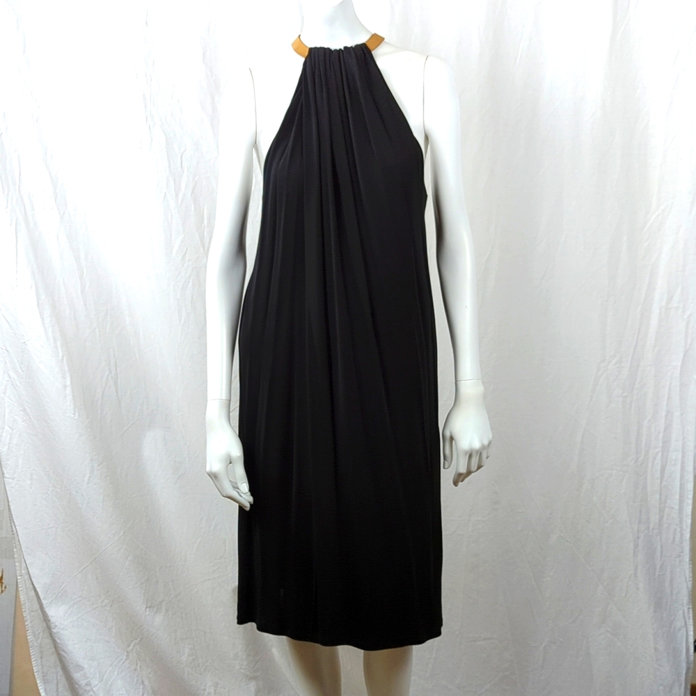 & OTHER STORIES LITTLE BLACK HALTER DRESS W/ LEATHER COLLAR US 12 EURO 42